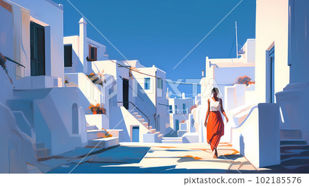 Illustration of beautiful view of Mykonos island, Greece 102185576