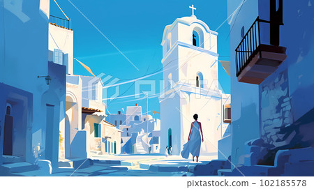 Illustration of beautiful view of Mykonos island, Greece Illustration of beautiful view of Mykonos island, Greece 102185578