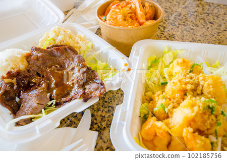 Plate lunch at a local favorite in Hilo, Hawaii Plate lunch at a local favorite in Hilo, Hawaii 102185756