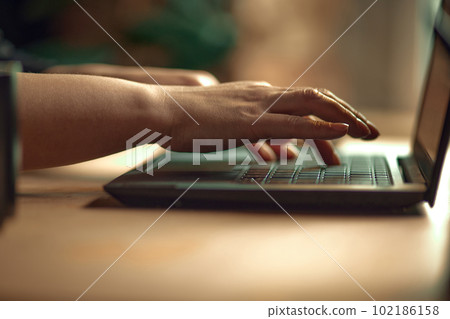 Close-up image of female hands typing on keyboard. Business woman working on laptop, making projects 102186158