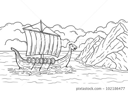 Viking boat at sea. Nordic Drakkar, Swedish warship. Longship with oars. Cartoon scandinavian sailboat for coloring book 102186477