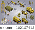Military Base horizontal flowchart of isometric icons with text vector illustration on isolated grey background 102187418