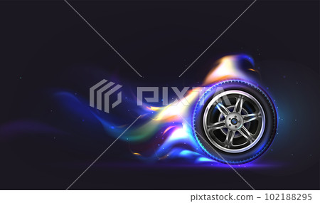 Vector 3d realistic rubber car wheel on fire in fast motion 102188295
