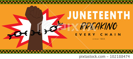 Banner With A Clenched Fist. Breaking Every Chain Since 1865. African-American National Independence Day. Juneteenth Freedom Day. Vector Illustration On A Yellow Background With African Patterns. 102188474