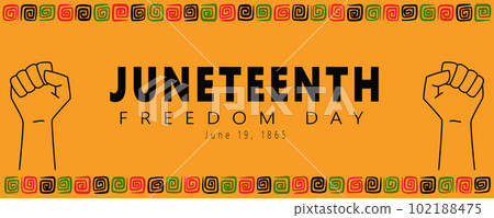 Juneteenth Freedom day banner template. Outline Clenched fists. National Independence Day, African American Emancipation Day. Vector illustration on Yelow Background with African pattern 102188475