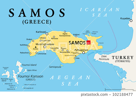 Samos, Greek island, political map. Island in the eastern Aegean Sea, and separated of the western Turkey coast by the Mycale Strait. Rich city-state in ancient times and the birthplace of Pythagoras. Samos, Greek island, political map. Island in the eastern Aegean Sea, and separated of the western Turkey coast by the Mycale Strait. Rich city-state in ancient times and the birthplace of Pythagoras. 102188477
