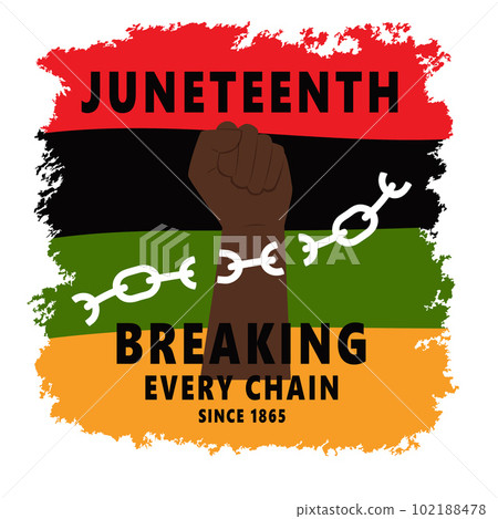 A Raised Clenched Fist Breaks The Chains. Symbol of African American Freedom Day. Juneteenth, National Independence Day. Vector Illustration On Background Of Red, Black, Green, Yellow Flag A Raised Clenched Fist Breaks The Chains. Symbol of African American Freedom Day. Juneteenth, National Independence Day. Vector Illustration On Background Of Red, Black, Green, Yellow Flag 102188478