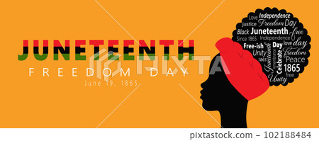 Juneteenth Freedom Day. Horizontal Banner With Black Silhouette Of Woman And Words Symbolizing African American History And Heritage, National Independence Day. Vector illustration On A Yellow 102188484