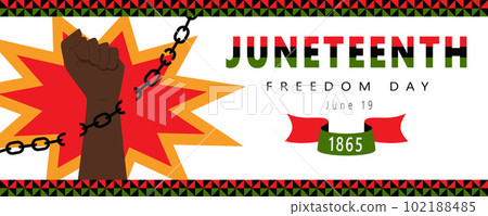 A Banner With A Raised Fist Breaking Chains. The Symbol Of The African American Independence Day. Juneteenth Freedom Day. Vector Illustration On A White Background With African Patterns. A Banner With A Raised Fist Breaking Chains. The Symbol Of The African American Independence Day. Juneteenth Freedom Day. Vector Illustration On A White Background With African Patterns. 102188485