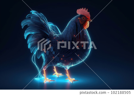 Image of chicken with beautiful colors and light on a dark background. Farm animals. Illustration, generative AI. Image of chicken with beautiful colors and light on a dark background. Farm animals. Illustration, generative AI. 102188505