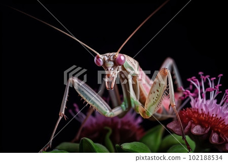 Image of a mantis on black background. Insect. Wildlife Animals. Illustration, Generative AI. Image of a mantis on black background. Insect. Wildlife Animals. Illustration, Generative AI. 102188534