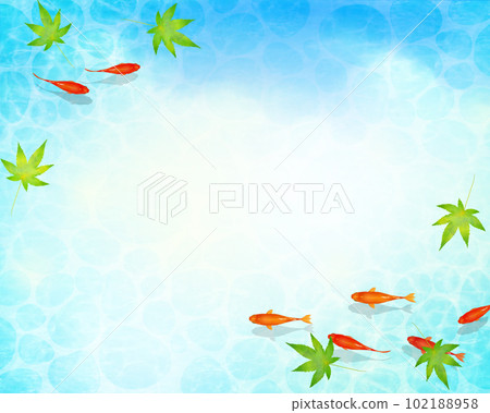 Vector summer frame material with a beautiful design of early summer leaves, red medaka swimming gracefully in cool water, and water ripples 102188958