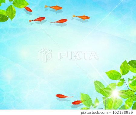 Vector summer frame material with a beautiful design of early summer leaves, red medaka swimming gracefully in cool water, and water ripples 102188959