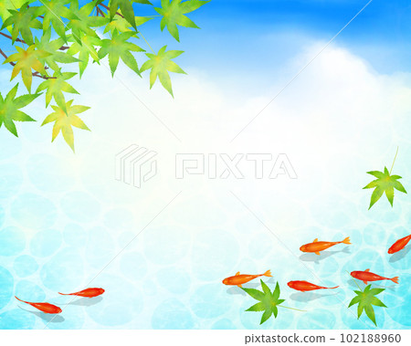 A vector summer frame material with a beautiful design of water ripples in early summer leaves and clouds, and red medaka swimming gracefully in cool water 102188960