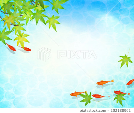 Vector summer frame material with a beautiful design of early summer leaves and water ripples in which red medaka swims gracefully in cool water 102188961