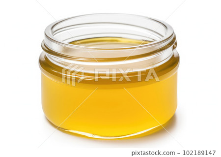 Ghee or clarified butter in jar and wooden spoon isolated on white background.AI generative. Ghee or clarified butter in jar and wooden spoon isolated on white background.AI generative. 102189147