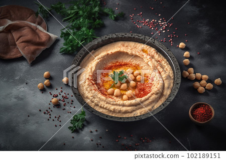 Traditional chickpea hummus with pita bread on dark background. Copy space. Ai generative Traditional chickpea hummus with pita bread on dark background. Copy space. Ai generative 102189151