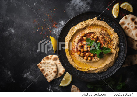 Traditional chickpea hummus with pita bread on dark background. Top view. Copy space. Ai generative Traditional chickpea hummus with pita bread on dark background. Top view. Copy space. Ai generative 102189154