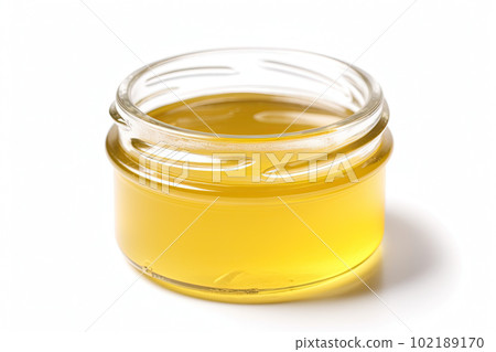 Ghee or clarified butter in jar and wooden spoon isolated on white background.AI generative. 102189170