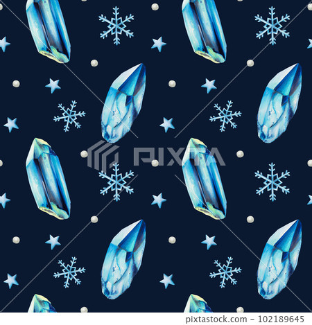Watercolor winter festive seamless pattern with ice crystals and snowflakes. Hand painting cristmas clipart on an isolated background. For designers, decoration, postcards, wrapping paper Watercolor winter festive seamless pattern with ice crystals and snowflakes. Hand painting cristmas clipart on an isolated background. For designers, decoration, postcards, wrapping paper 102189645