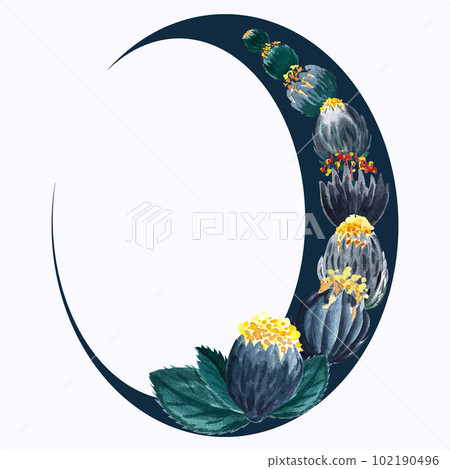 Dark yellow fantasy flowers watercolor oval frame 102190496