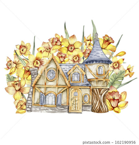 Watercolor composition with yellow narcissus and castel in cartoon style. Hand drawn illustration of summer. Perfect for scrapbooking, kids design, wedding invitation, posters, greetings cards. Watercolor composition with yellow narcissus and castel in cartoon style. Hand drawn illustration of summer. Perfect for scrapbooking, kids design, wedding invitation, posters, greetings cards. 102190956