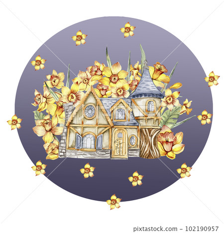 Watercolor composition with yellow narcissus and castel in cartoon style. Hand drawn illustration of summer. Perfect for scrapbooking, kids design, wedding invitation, posters, greetings cards. Watercolor composition with yellow narcissus and castel in cartoon style. Hand drawn illustration of summer. Perfect for scrapbooking, kids design, wedding invitation, posters, greetings cards. 102190957