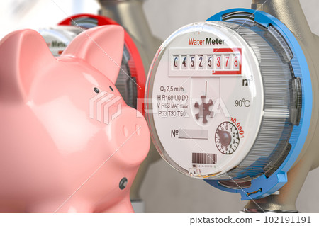 Water meter with piggy bank. Water consumption, cost of utilities and payment for water concept. 102191191