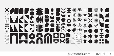 Brutalist shapes for swiss minimal style design. Constructor of trendy geometric postmodern primitive figures. Vector illustration of brutalist bauhaus contemporary star, oval, flower, line and forms 102191903