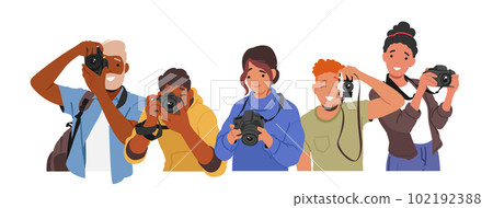 Characters Capturing Moments With Photo Cameras. Holding And Adjusting Settings, Framing Shots, And Capturing Images Characters Capturing Moments With Photo Cameras. Holding And Adjusting Settings, Framing Shots, And Capturing Images 102192388