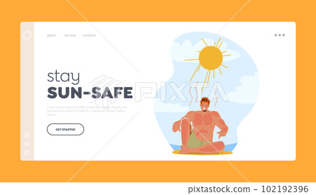 Stay Sun-Safe Landing Page Template. Man Grimacing In Pain From Sunburn On Beach, Red And Inflamed Skin, Seeking Relief Stay Sun-Safe Landing Page Template. Man Grimacing In Pain From Sunburn On Beach, Red And Inflamed Skin, Seeking Relief 102192396