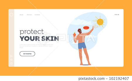 Protect your Skin Landing Page Template. Man Applies Sunscreen To Protect Skin From Harmful Uv Rays 102192407