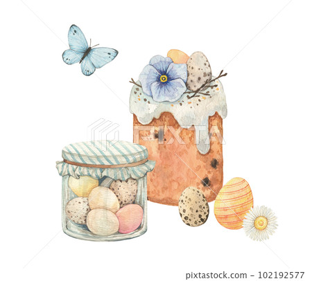 Watercolor Easter cake composition on a white background 102192577