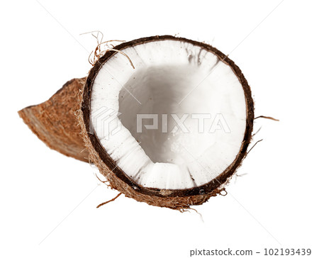 Open broken coconut. Cut pieces, cross-section of coco nut fruit with brown shell, flesh isolated on white background Open broken coconut. Cut pieces, cross-section of coco nut fruit with brown shell, flesh isolated on white background 102193439
