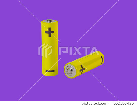 AA battery, yellow cylinder alkaline on violet purple background AA battery, yellow cylinder alkaline on violet purple background 102193450