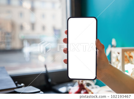 Mobile phone screen mock-up in hand, smartphone display mockup, cellphone 102193467