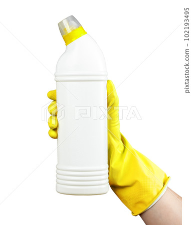 Detergent bottle mockup, blank clean package of liquid toilet gel in hand in yellow gloves isolated on white background 102193495
