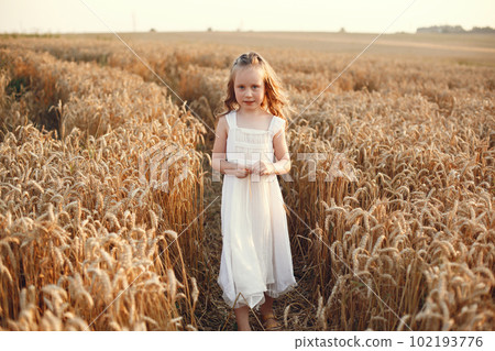 Child in a summer wheat field. Little girl in a cute white dress. Child in a summer wheat field. Little girl in a cute white dress. 102193776