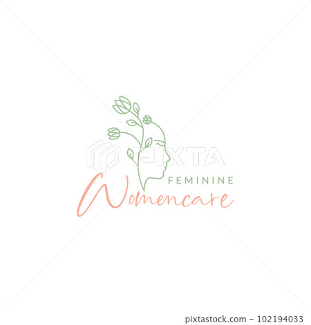 feminine face women care herbal leaves flowers line art minimal logo design vector 102194033