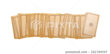 Lodz Poland April 25 2023 backside of secret tarot cards row isolated on white Lodz Poland April 25 2023 backside of secret tarot cards row isolated on white 102194507