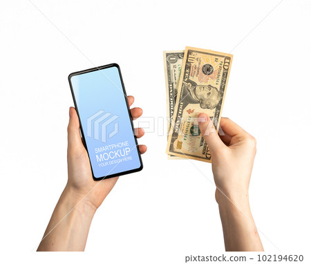 Hand holding phone app, smartphone mockup with dollar cashback isolated on white background 102194620