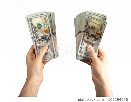 Hand holding dollar bills, money, bank notes, us banknotes isolated on white 102194656