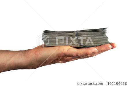 Hand palm holding dollars money stack, bank notes isolated on white background 102194658