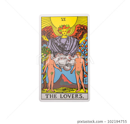 Lodz Poland April 15 2023 Lovers, single major arcana of tarot card isolated on white background Lodz Poland April 15 2023 Lovers, single major arcana of tarot card isolated on white background 102194755