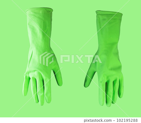 Cleaners green rubber gloves for cleaning service, housework 102195288