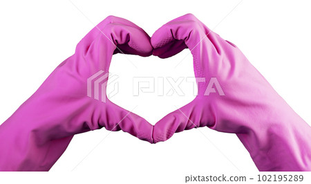Heart-shaped sign, gesture with hand in violet gloves of cleaner, cleaning service with love concept, isolated on white background 102195289