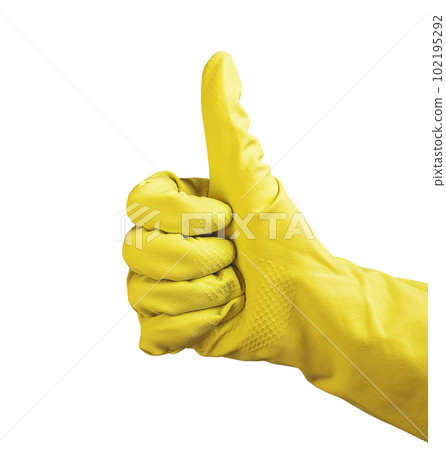 Thumb up gesture, thumbup sign of cleaner hand in yellow glove isolated on white Thumb up gesture, thumbup sign of cleaner hand in yellow glove isolated on white 102195292
