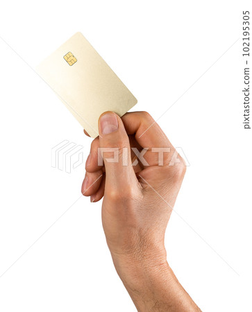 Bank credit card mock up in male hand isolated on white background. Blank clean gold debit plastic bankcard 102195305