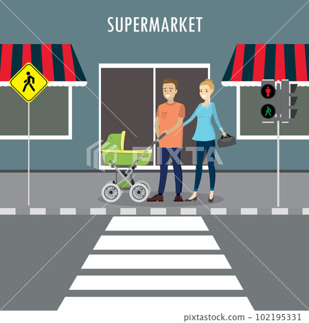 caucasian couple with a baby stroller stands at a pedestrian crossing, 102195331