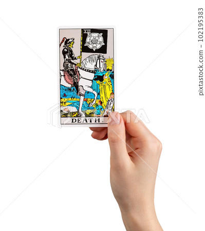 Death, tarot card in hand, bad negative major arcana isolated on white Death, tarot card in hand, bad negative major arcana isolated on white 102195383